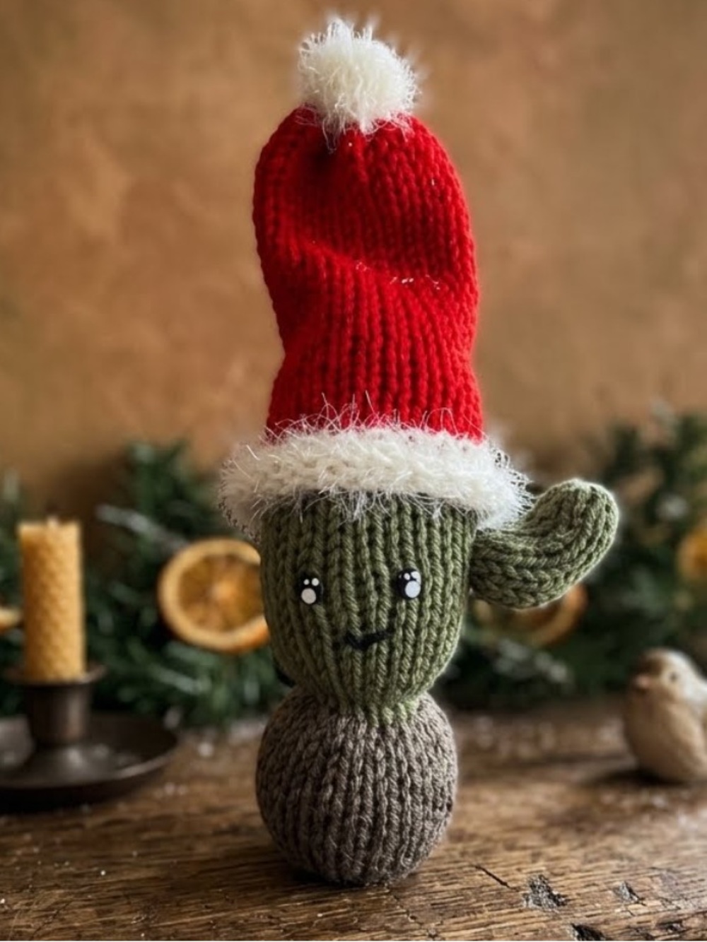 Hand-Knit Green Cactus Holiday Ornament with Red Santa Hat
